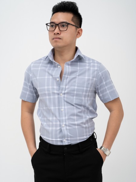 Áo Sơ mi Cộc tay Vạt bằng Cao cấp F1N Ghi sáng kẻ