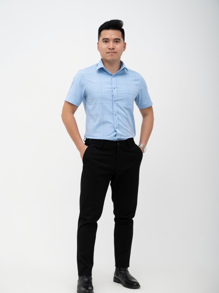 Áo Sơ mi Cộc tay Vạt bằng Cao cấp F1N Xanh trời kẻ